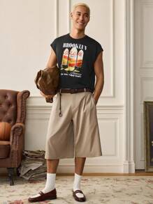 SWAVVY Men's Ancient Building Landscape Pattern Print Loose Casual Stretch Knitted Fabric Round Neck Sleeveless Vest - Black - View 5