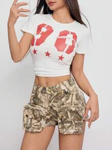 Rina Fox Shorts vaqueros casuales de mujer con estampado de rama floral y bolsillos - Multicolor - Ver 4