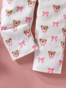 SHEIN 2pcs Young Girl Outfit Set - Cute Bear Embroidered Bib Pants, Long Sleeve T-Shirt, Bear & Bow Pattern Floral Set - Multicolor - View 8