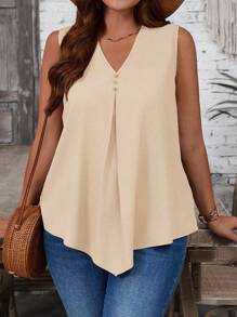 Rosumi Áo cánh không tay cổ chữ V màu trơn thiết kế đơn giản cho nữ cỡ lớn - Màu be - Xem 5