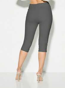 KIZN Capri Length High Waisted Leggings Professional Office Workwear Slim Fit Side Split Detail Spring Summer Autumn - Grey - View 2