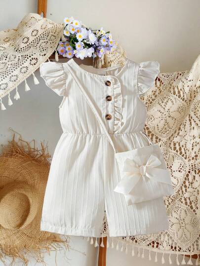 SHEIN Vintaside Kids 2 件套女婴套装：荷叶边饰纽扣前连体衣和蝴蝶装饰包，适合室内、户外和休闲场合