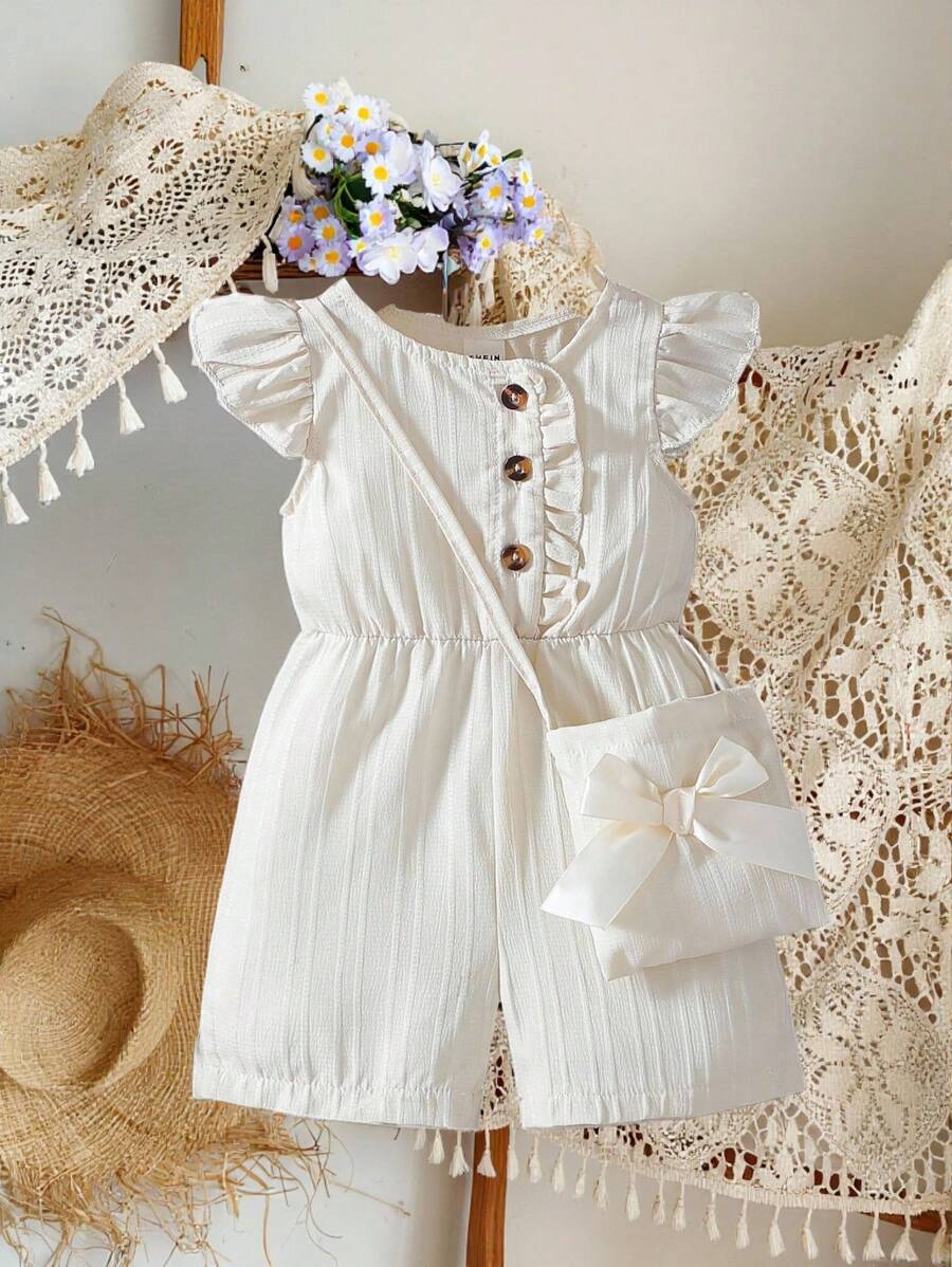 SHEIN Vintaside Kids 2 件套女婴套装：荷叶边饰纽扣前连体衣和蝴蝶装饰包，适合室内、户外和休闲场合 - 杏色 - 查看 1