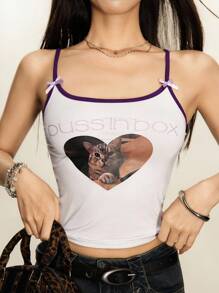Rina Fox Women's Casual Cat Letter Print Bow Decor Cami Top, Summer - White - View 6