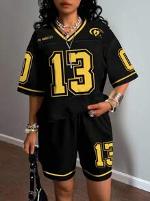 Rovax Femei vară casual stradă sportiv umeri cu mânecă scurtă decolteu în V cu număr de flacără și litere tricou și pantaloni scurți costum lejer