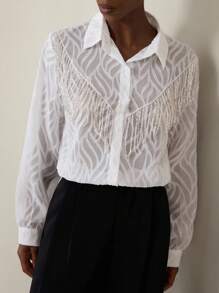 Aveloria Modichic Spring/Summer New Casual Versatile Sequin Tassel Chest Decor Sheer Lace Floral French Design Loose Fit Long Sleeve Shirt, Lightweight Airy Oversized Mid-Length Cardigan, Sexy & Elegant, Suitable For Multiple Occasions, Women Blouse Fall Cloth For Women - White - View 6