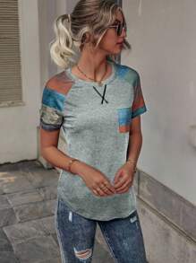 SHEIN LUNE Color Block Raglan Sleeve Patched Pocket Tee Graphic Tees Women Tops - Grey - View 5