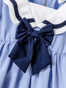 Baby Girl Sailor Collar Long Sleeve Dress With Bow Decor - Baby Blue - View 5