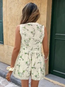 Serisse 2件套女士度假刺绣纽扣背心和短裤休闲装 - 綠色 - 查看 2