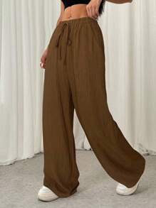 SHEIN EZwear Women's Casual Coffee Brown Textured Crinkle Pants