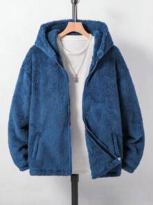 青少年男孩纯色拉链口袋长袖蓬松休闲夹克 - 藍色 - 查看 1