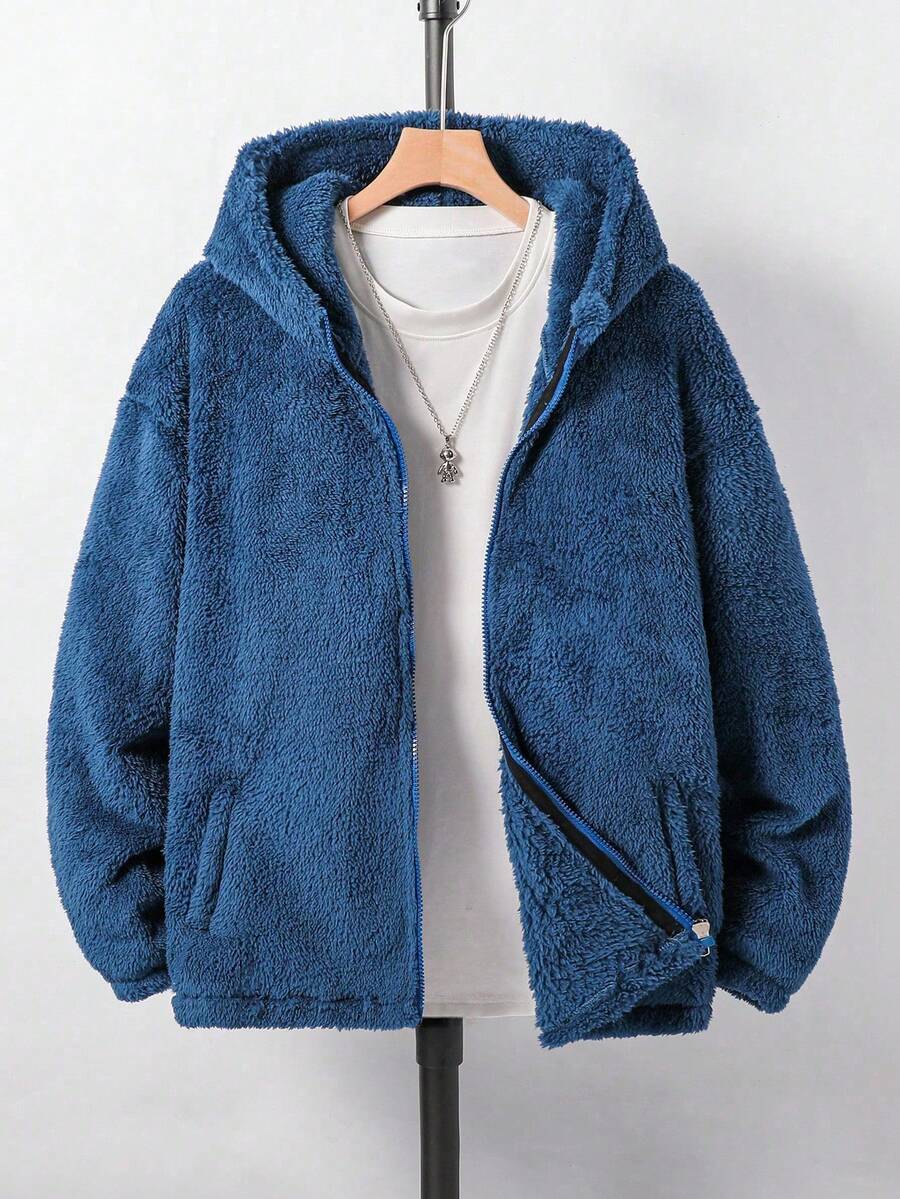 青少年男孩纯色拉链口袋长袖蓬松休闲夹克 - 藍色 - 查看 1