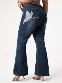 ROMWE Grunge Punk Vintage-Washed Floral Embroidery Bell-Bottom Plus Size Jeans, Casual Retro Boho Style - Blue - View 1