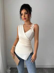 Elenzga Áo hai dây ren không tay bằng vải satin cho nữ, thời trang thanh lịch cho cuộc sống thường ngày, tiệc tùng và tụ tập - Màu be - Xem 6
