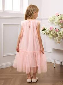 SHEIN Young Girl Woven Mesh Floral 3D Round Neck Sleeveless Flower Girl Dress,Blush Pink,Summer,Birthday,Formal Dusty Pink Solid Color Girls Mesh Dress - Dusty Pink - View 2