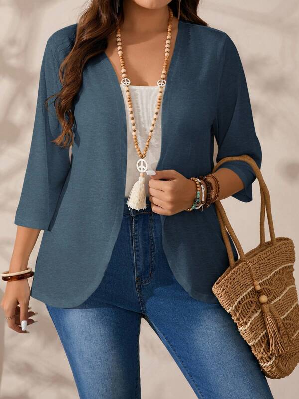 EMERY ROSE Plus Size Vacation Women Solid Color Asymmetric Hem Casual Resort Costume Jacket, Fall Jacket,Suitable For Early Autumn,Going Out,Western,Vacation