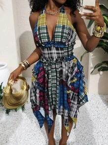 Slaydiva 2025 Spring/Summer New Casual Sexy Street-Style Patchwork Print Deep V Neck Tie Strap Ruffle Asymmetric Hem Women's Mini Dress, Suitable For Music Festivals, Easter, Western, Boho, Birthday Parties, Graduation Ceremonies, Students, Everyday, Versatile, Casual, Vacation, Cruise, Beach, Sunbathing, Online , Minimalist, Streetwear, Sexy