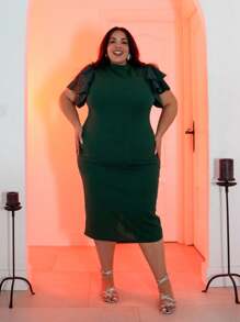 Pretty and Ole Đầm xanh lá cây cổ đứng tay bèo nhún cỡ lớn cho nữ - màu xanh lá - Xem 1