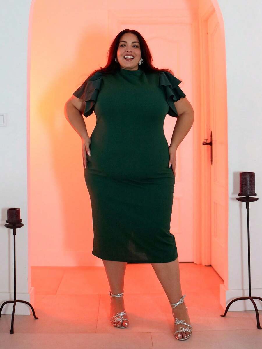 Pretty and Ole Đầm xanh lá cây cổ đứng tay bèo nhún cỡ lớn cho nữ - màu xanh lá - Xem 1