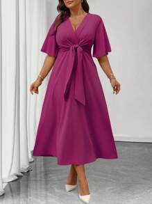 Elenzga Đầm chữ A tay ngắn xếp nếp cổ chữ V thanh lịch hàng ngày cỡ lớn cho nữ - Màu tím - Xem 1