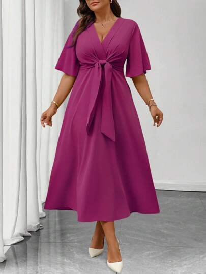 Elenzga Vestido de línea A con cuello en V elegante de manga corta con volantes y cintura anudada para mujer de talla grande