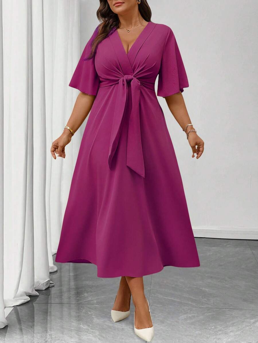 Elenzga Đầm chữ A tay ngắn xếp nếp cổ chữ V thanh lịch hàng ngày cỡ lớn cho nữ - Màu tím - Xem 1