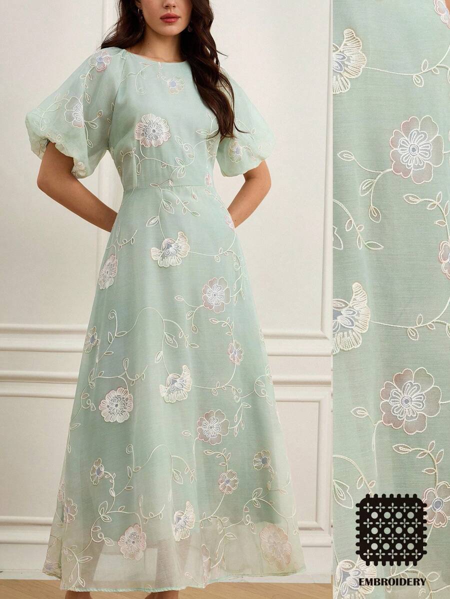 Aveloria Rosie 自然灵感薄荷绿渐变刺绣腰部长裙，经典圆领短袖修饰肩部，白色花卉刺绣逐渐绽放，优雅茶会装，女式长裙