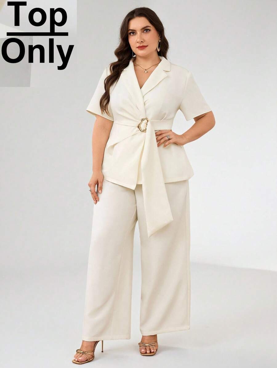 Modelyn Conjunto de traje de talla grande, chaqueta y pantalones de unicolor - Albaricoque - Ver 1