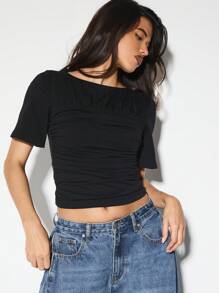KIZN Ruched Detail Short Sleeve Crop Top Gathered Front Design Square Neck Summer Casual Basic Fitted Tee Minimalist Essential