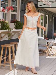 WESTFADE Top ajustado con cuello cuadrado, lazo y corte Keyhole con bordado de ojales y cinta de satín, y falda maxi con lazo en la cintura y fluida, conjunto veraniego de estilo country y boho para concierto, brunch o vacaciones en la playa