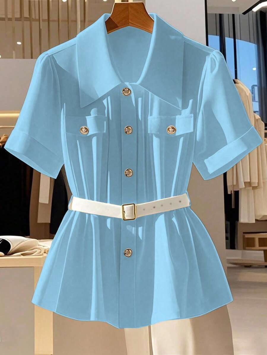 Franclia 法式优雅通勤风纯色领口金属装饰纽扣短袖腰带装饰女式衬衫，适合大学穿着