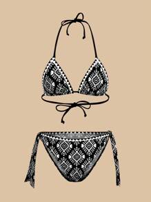 Travachic Women's Geometry Print Halter Tie Sexy Bikini Two-Piece Swimwear Set, Summer Beach - Multicolor - View 1
