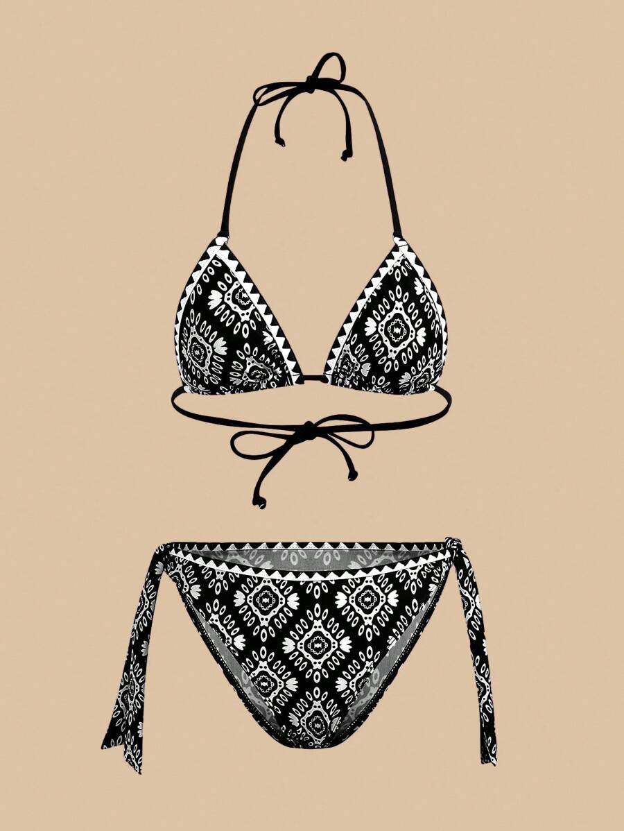 Travachic Women's Geometry Print Halter Tie Sexy Bikini Two-Piece Swimwear Set, Summer Beach - Multicolor - View 1