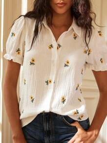 Écloséra Fashionable & Elegant Vintage French Style Loose Embroidered Short Sleeve Blouse, For Young Women, Spring/Summer