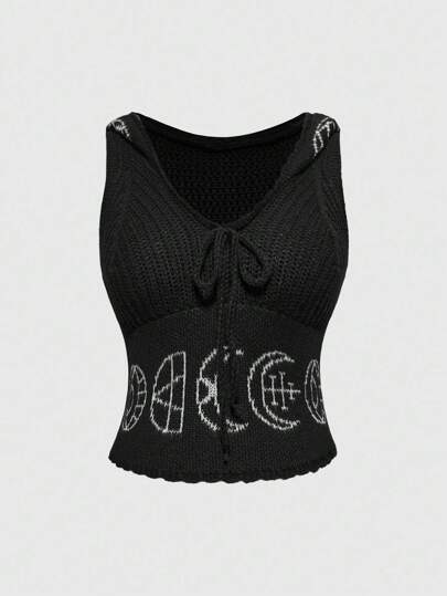 Goth Dark Styled Retro Celestial Moon Star Symbol Print Hoodie Sweater For Women