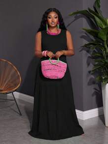 Slaydiva 大码夏季纯色圆领简约吊带背心连衣裙