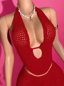 Slaydiva Bộ 2 áo len crop top ngắn tay buộc dây màu trơn thời trang xuân hè mới cho nữ, đi nghỉ mát, thường ngày, có viền nhún bèo, quần short mini 2 món - Đỏ - Xem 4