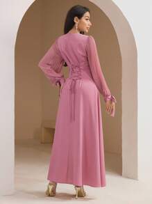 Veilorie Women's Elegant Solid Color Pleated Dress - Pink - View 2