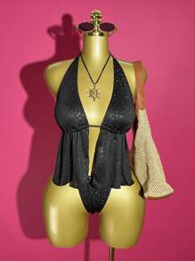 Slaydiva 2025春夏新款波西米亚音乐节休闲日常个性街头嘻哈派对性感甜美可爱千禧Y2K黑色无弹力露背镂空抽绳露背不对称波点亮片热转印背心搭配紧身迷你三角短裤泳衣套装 - 黑色 - 查看 3