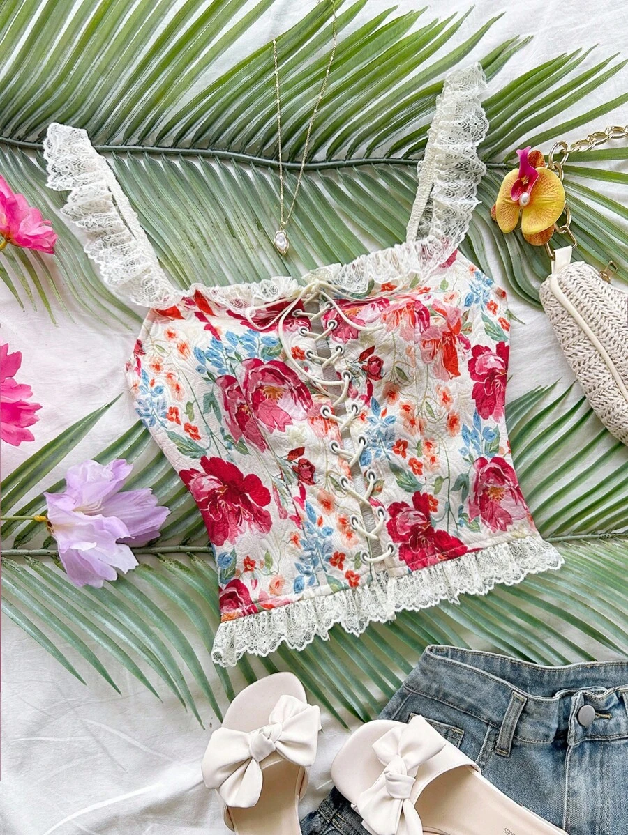 Soleia New Vacation Ruffled Front Tie Blouse For Women, Versatile & Slimming Floral Crop Top Lacey Crop Top Summer Crop Top Lace Trim Crop Top,Party - Multicolor - View 1