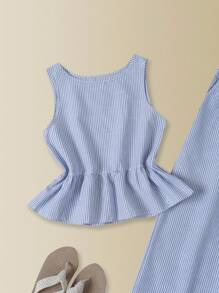 Rusticease 2pcs Women's Striped Ruffle Hem Sleeveless Shirt And Pants Set Summer Vacation Outfits Women - Blue and White - View 7
