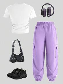 SHEIN 2 件套女童可爱兔子印花休闲时尚服装，短袖上衣和抽绳裤套装 - 紫色 - 查看 7