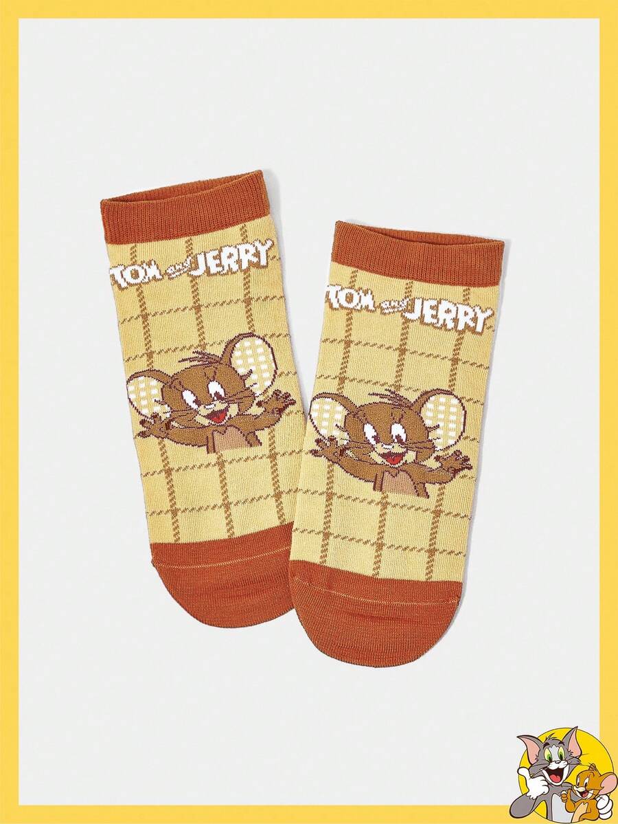 TOM & JERRY X SHEIN 1双女士格子卡通图案时尚可爱短袜 - 黃色 - 查看 1