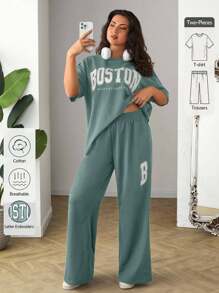 RueChic Conjunto de dos piezas informal y cómodo de camiseta y pantalones de mujer, 100% algodón, con bordado de Boston