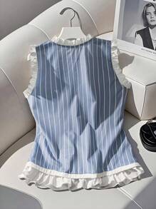 INAWLY 大码女式夏季休闲条纹圆点印花撞色荷叶边下摆仿珍珠装饰纽扣前部无袖衬衫