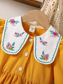 Young Girls' Spring/Summer Embroidery Ruffle Collar Puff Sleeve Design Dress, Suitable For School, Daily Wear And Vacation