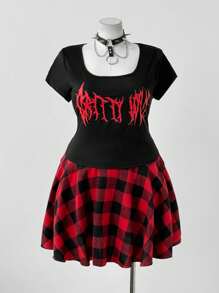 Flirla 2件套朋克时尚图案印花圆领T恤搭配格子A字迷你裙 - 彩色 - 查看 3