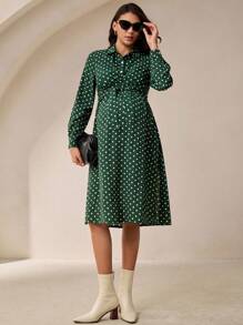 MaterniWear Đầm sơ mi thường ngày in họa tiết chấm bi tay dài buộc eo cho phụ nữ mang thai - màu xanh lá - Xem 6