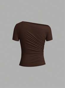 Ellevyn Camiseta de mujer casual de cuello asimétrico arrugado, para el verano - Café integral - Ver 4