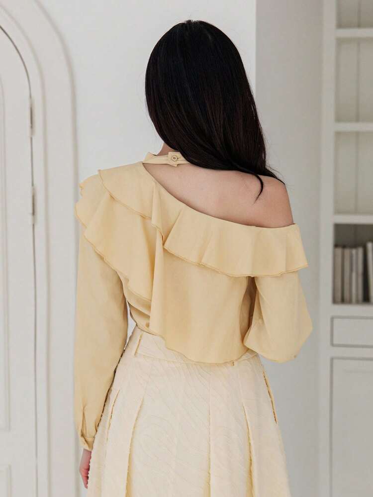 Cream Yellow Solid Color Oblique Shoulder Collar Ruffle Hem Women Blouse Long Sleeve Top
